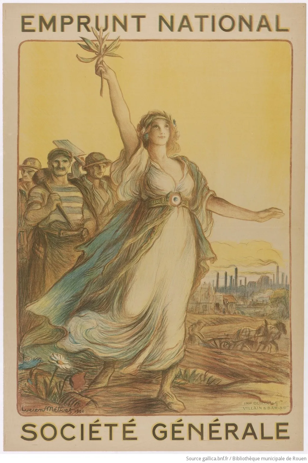 L'immustration montre une victoire personnifiée, un brin de laurier à la main, à sa suite, des soldats et des ouvriers