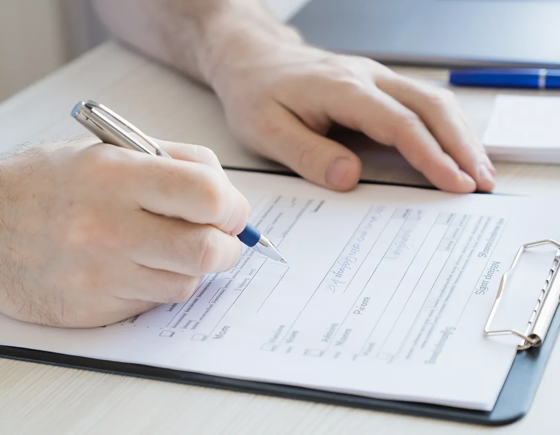 Personne en train de compléter un formulaire papier au stylo