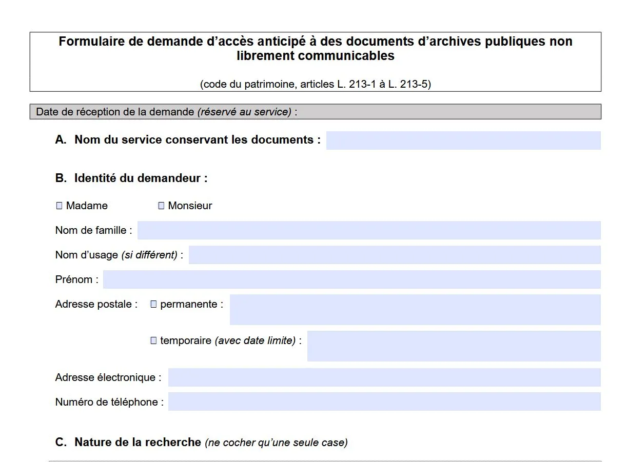 Capture d'écran du formulaire de demande d’accès anticipé à des documents d’archives publiques non librement communicables