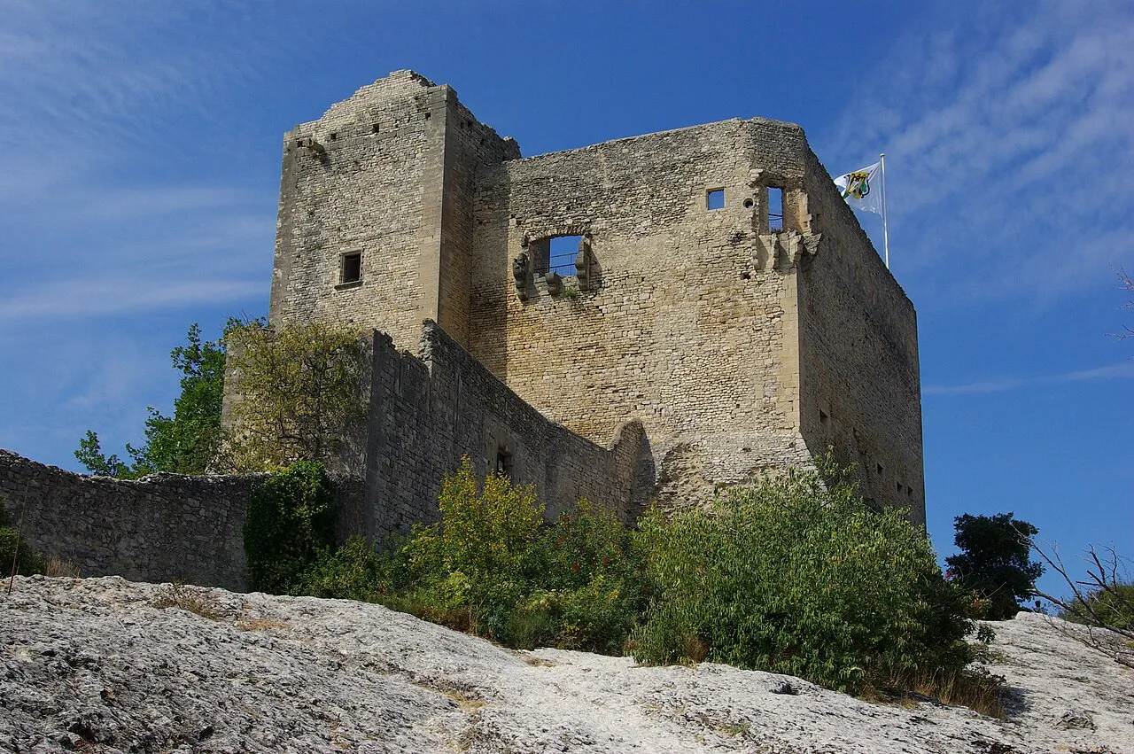 Ruine d'un château médiéval juché sur un bloc de pierre, dont il ne subsiste que les façades, un blason flotte au vent.