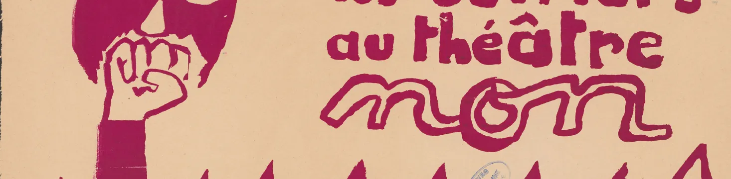 Illustration monochrome fuchsia sur fond beige sur lequel figure les mentions "Les ouvriers au théâtre, non", "Le théâtra aux ouvriers" ; un poing brandis sort d'une usine stylisée