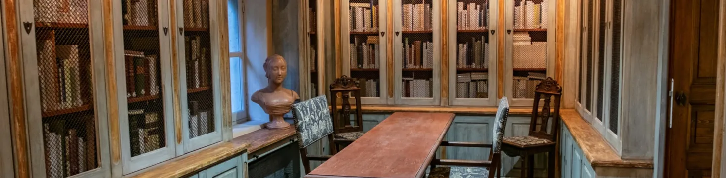 Vue de la bibliothèque du musée bibliothèqe François Pétrarque : buste de Laure de Noves, table et fauteuils de consultation