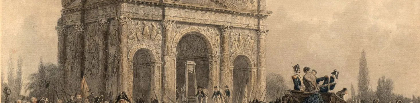Illustration figurant une foule en colère autour de l'arc de triomphe d'Orange sous lequel est érigée une guillotine