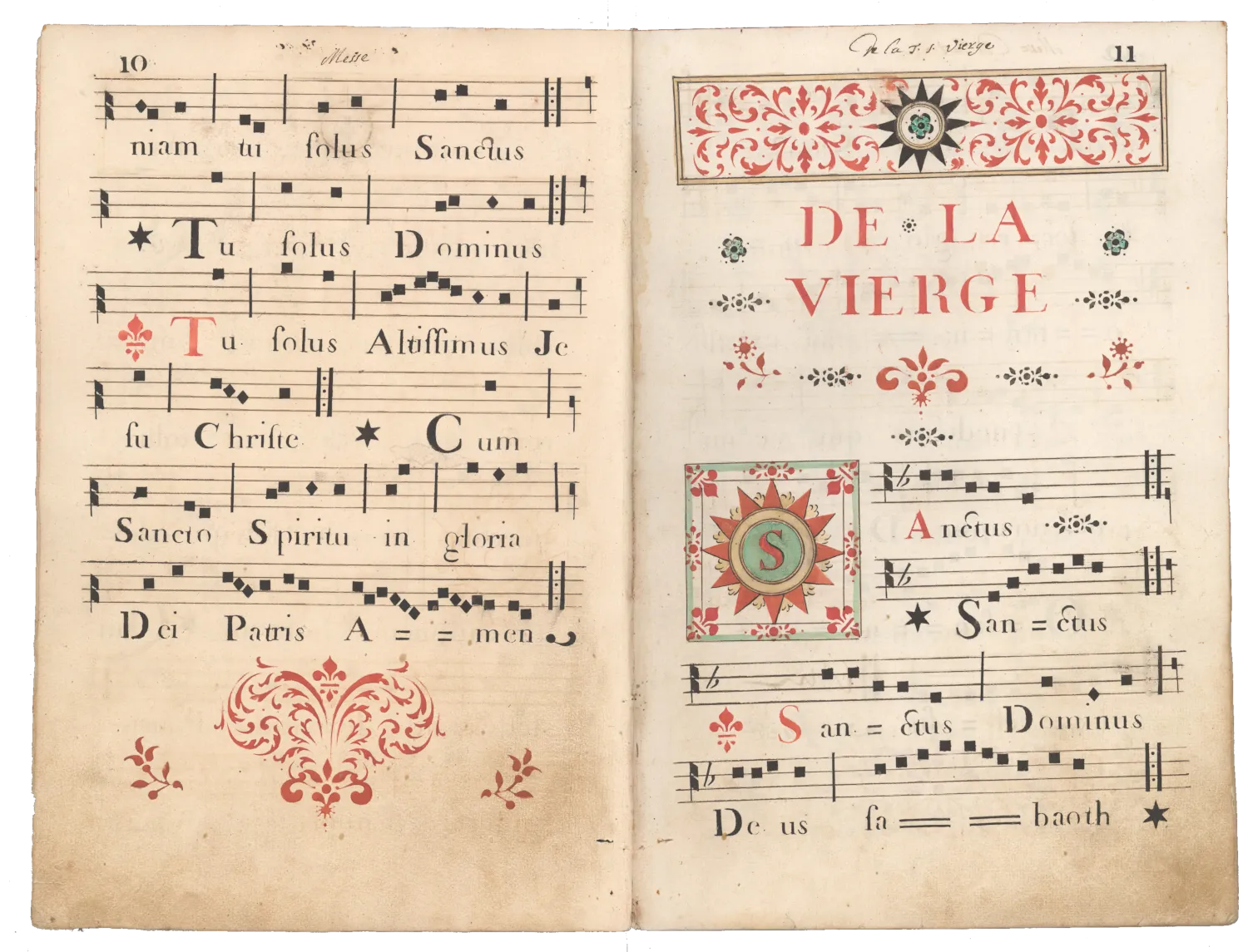 Double page sur partitions liturgiques richement ornée, la couleur rouge prédominant ; l'œuvre sur la page de droit s'intitule "De la vierge"