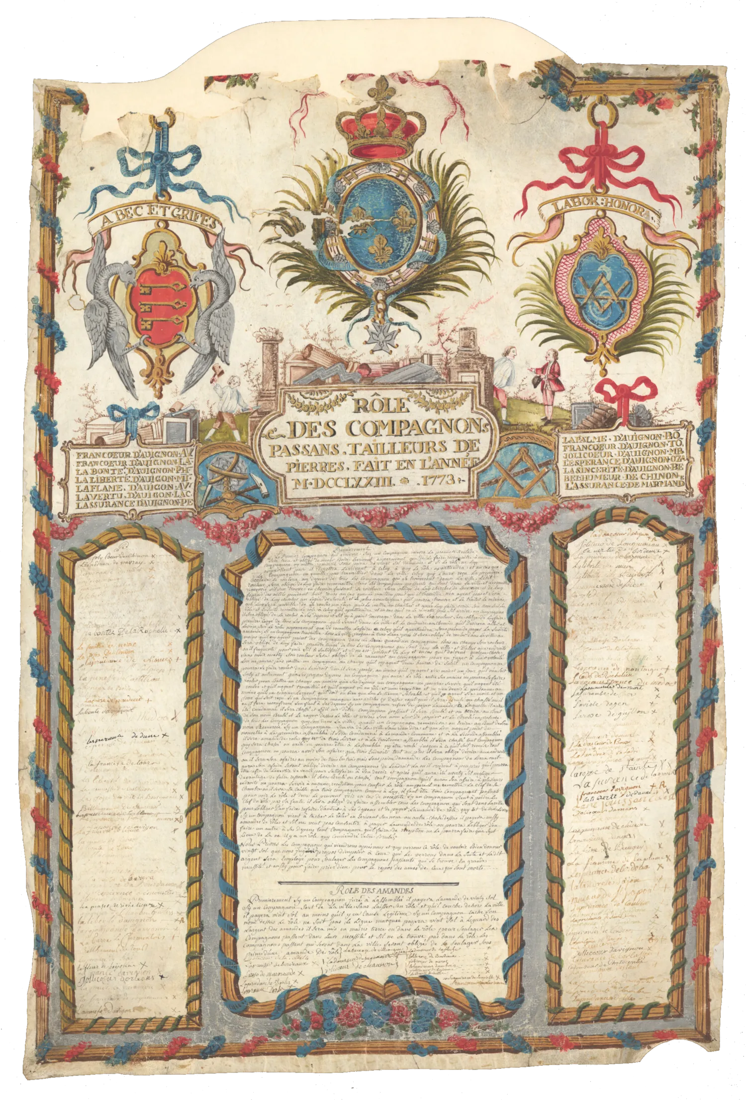 Grand document richement orné fixant les statuts de la confrérie de métiers des tailleurs de pierre.