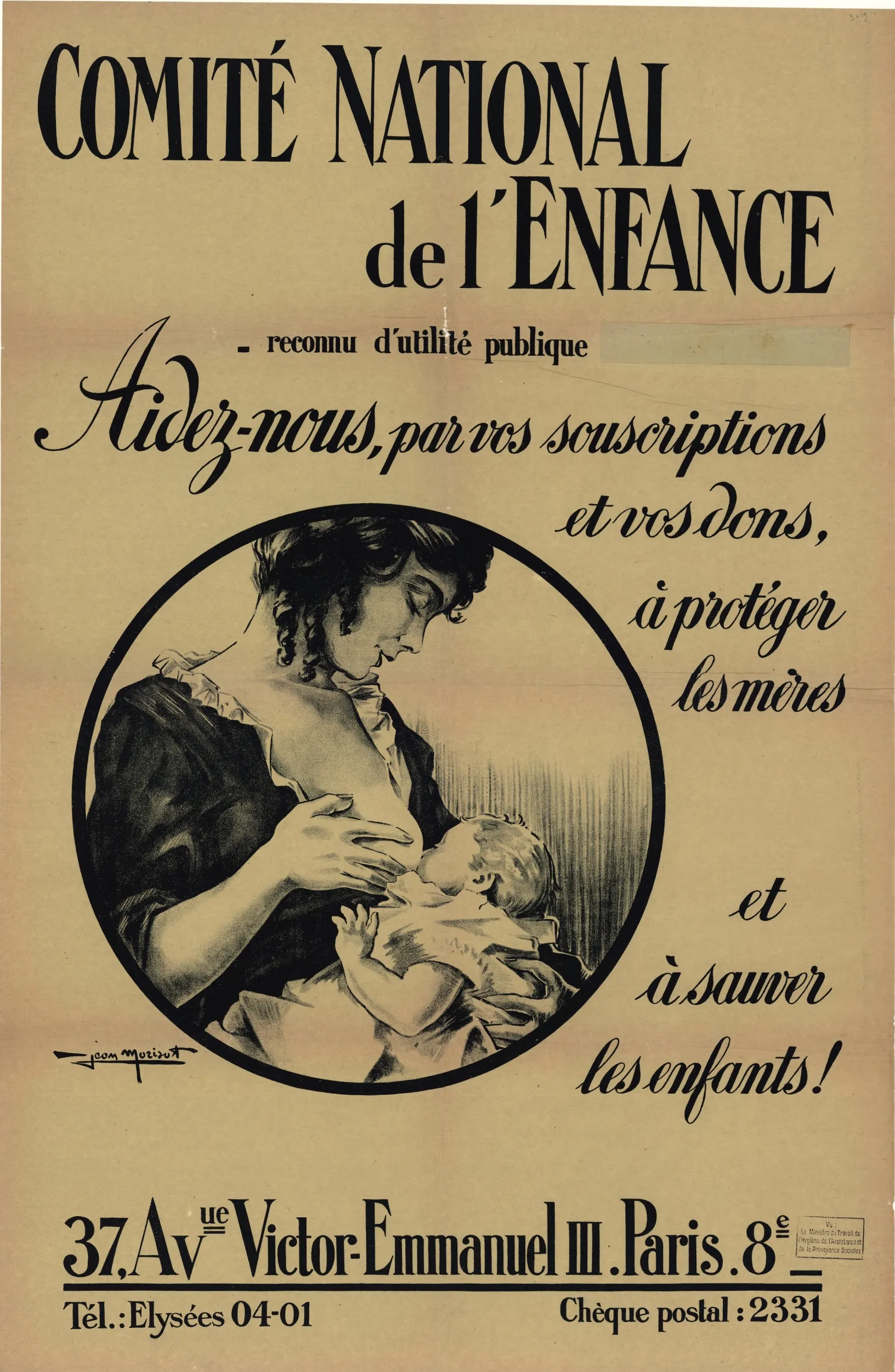 Affiche appelant à la souscription pour venir en aide aux veuves de guerre ; elle représente une mère en train d'allaiter son enfant dans un cadre rond auréolé de slogans
