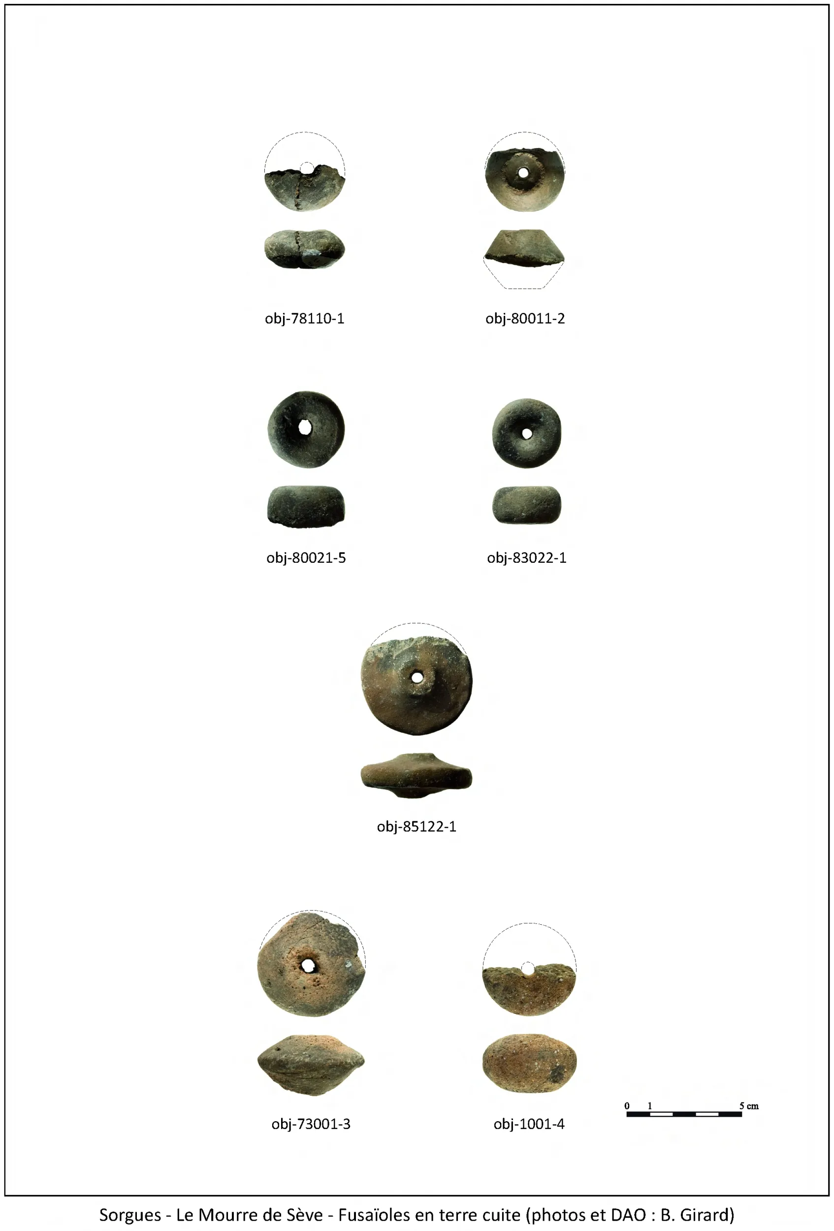 Fusaïoles en terre cuite du Mourre de Sève à Sorgues présentées en dessin, en DAO et en photographie.