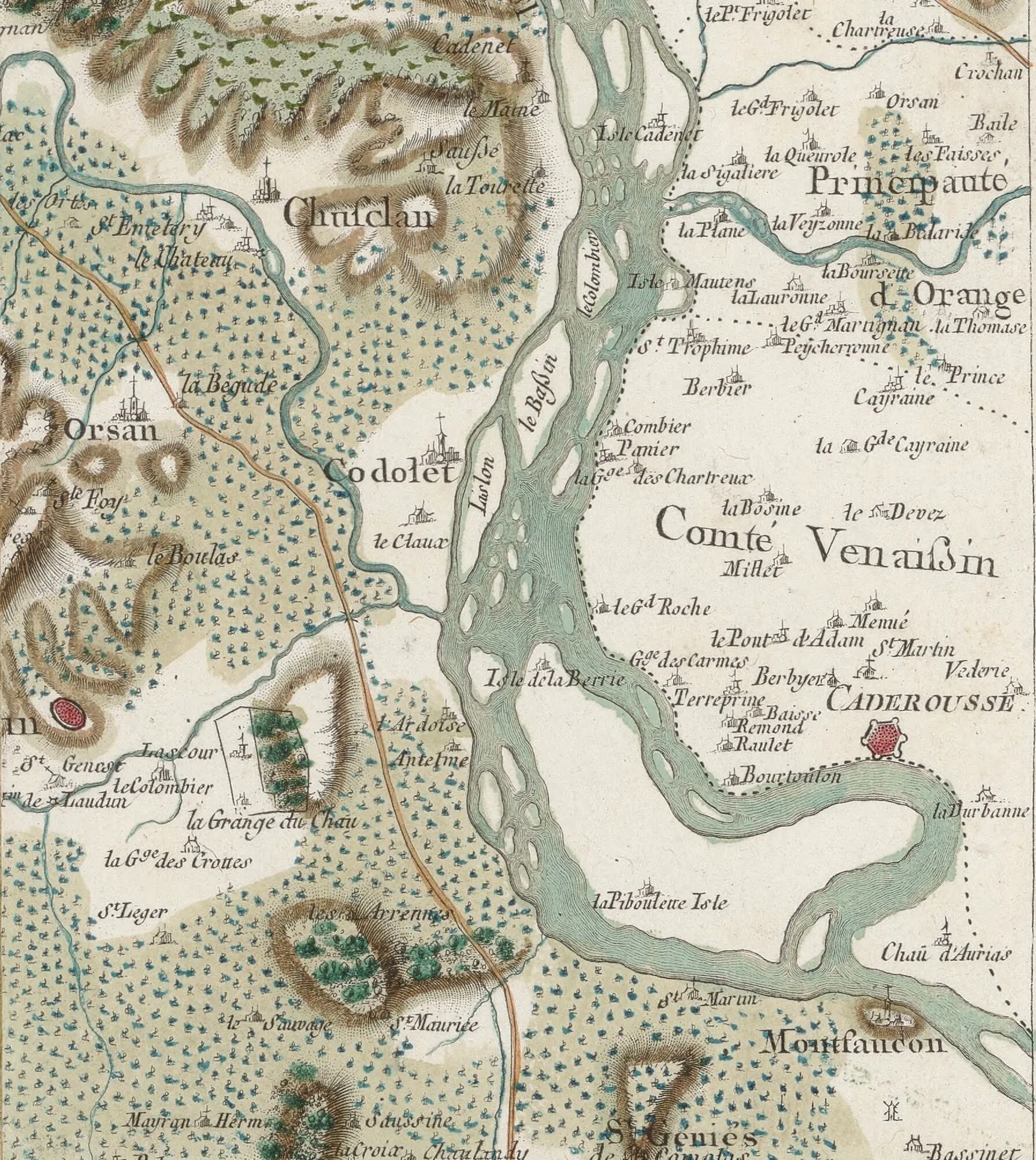 Détail sur une partie de la plaine du Rhône avec à droite un bout du Comtat Venaissin, et en très petit et de forme circulaire, le village de Caderousse