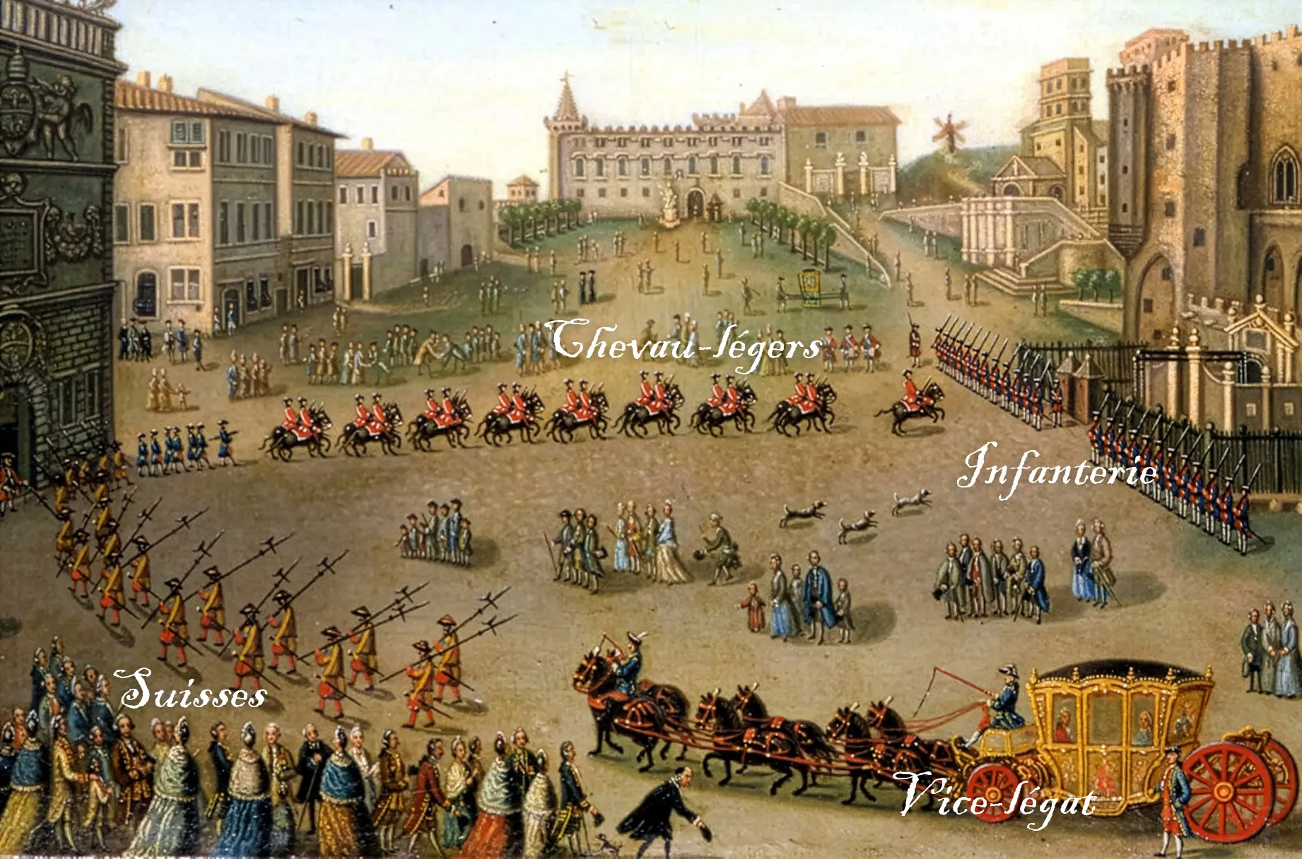 La scène montre le cortège de cavaliers, soldats et carrosses, à gauche la foule puis l'Hôtel des Monnaies, au fond le Petit palais, en retour, la cathédrale des Doms. Sur la droite, le Palais des Papes.