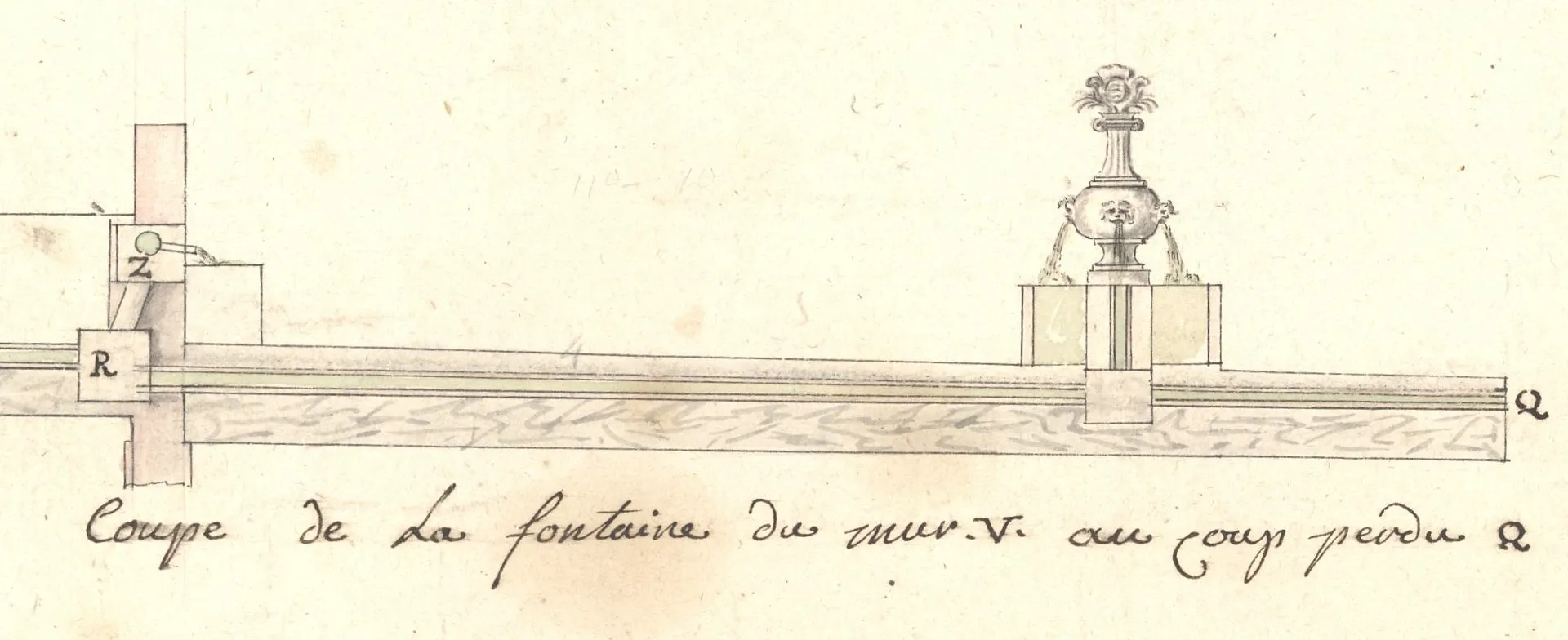 Détail d'un plan aquarellé sur lequel figure une fontaine à 4 jets