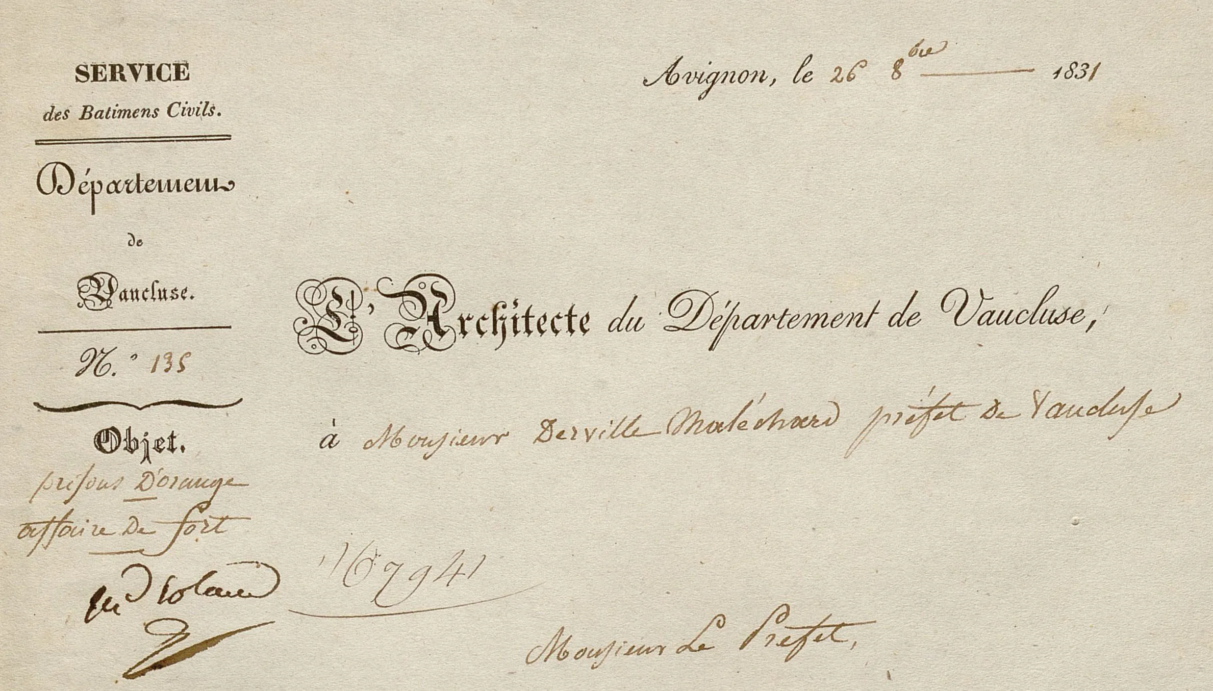 Document manuscrit portant l'en-tête de l'architecte départemental s'adressant au préfet de Vaucluse Derville-Maléchard