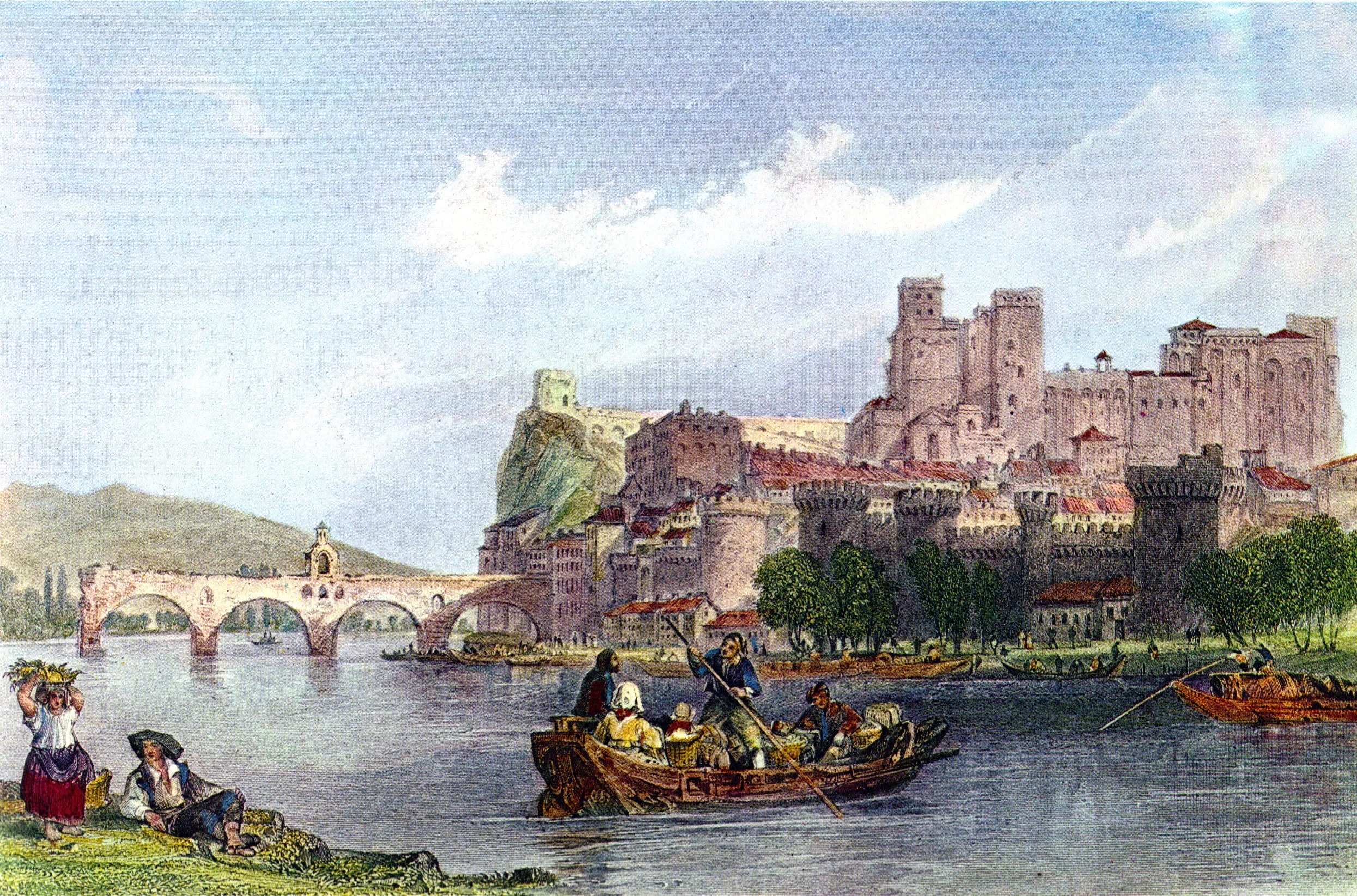 Peinture depuis les berges du Rhône à Avignon, montrant des personnages au bord et d'autres sur un bateau à rames ; en fond, le pont Saint-Bénezet, le Palais des papes, le "petit palais" et le moulin du rocher des Doms.