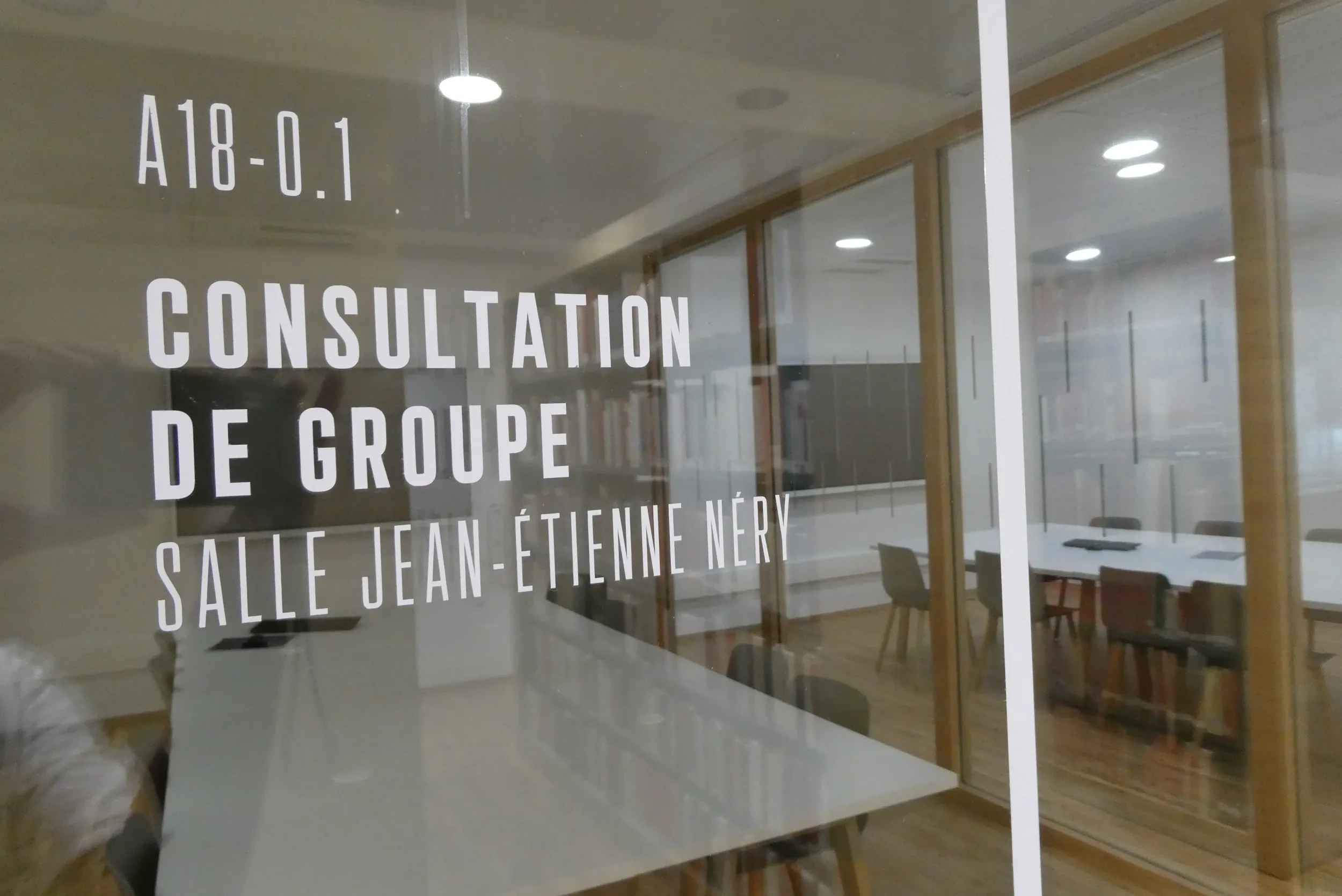 Signalétique en lettres blanches sur surface vitrée indiquant portant les mentions : A18-0.1 Consultation de groupe, Salle Jean-Etienne Néry