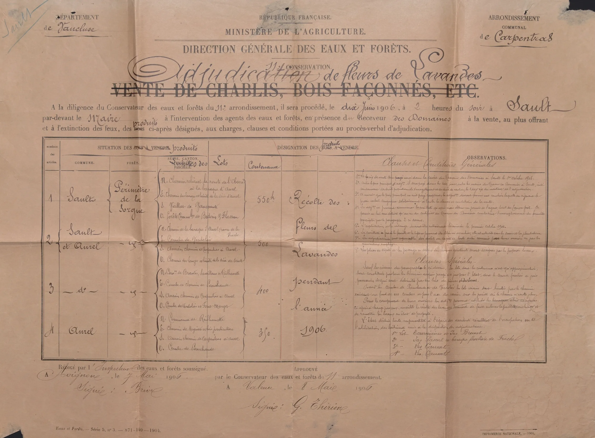 Document ancien : Adjudication de fleurs de Lavandes à Sault