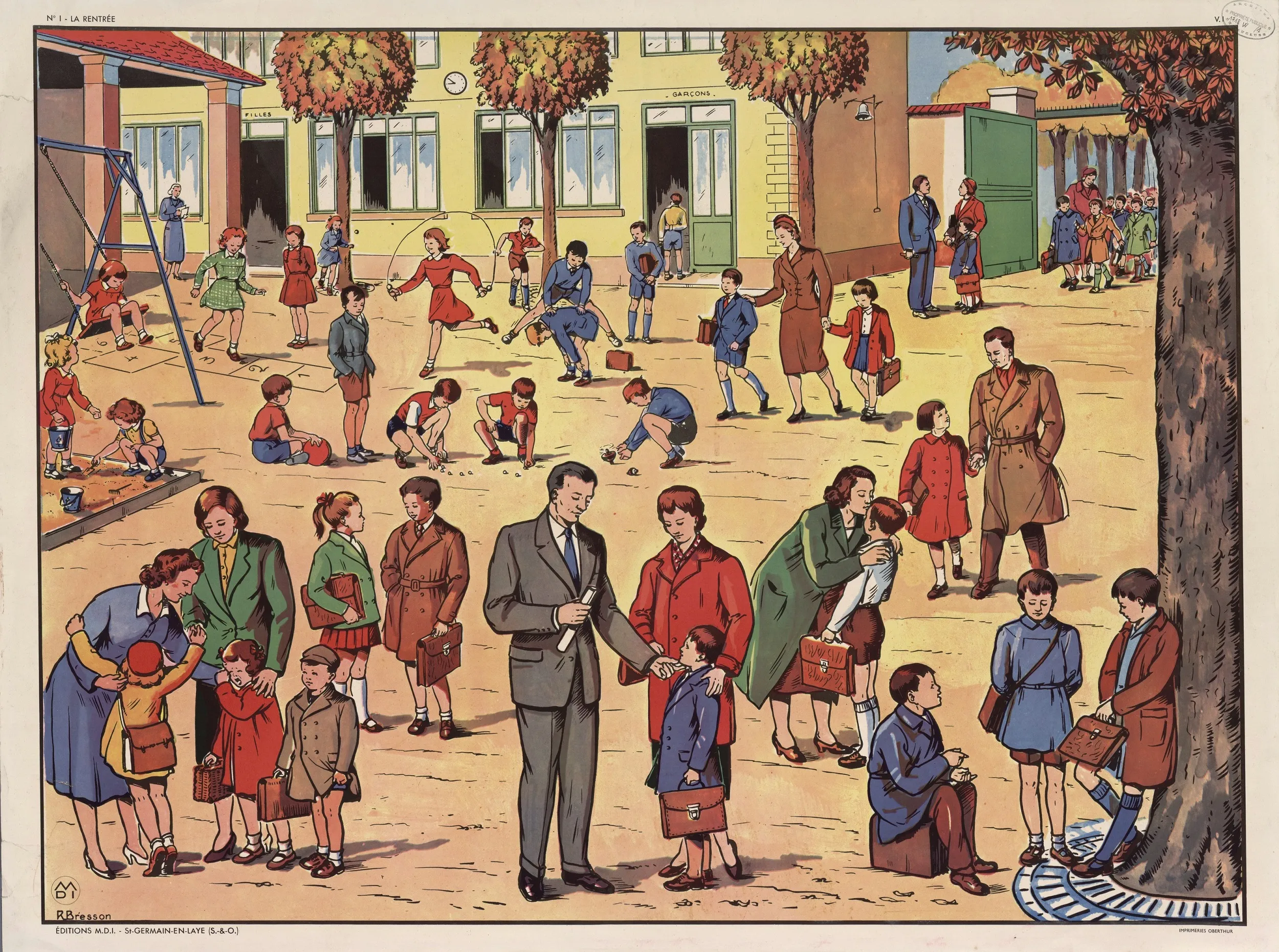 L'illustration montrant des élèves et des parents d'élèves dans une cour mentionne les informations suivantes : N°1 : La rentrée - N°2 : En automne. Ill. René Bresson. Saint-Germain-en-Laye Maison des instituteurs, (impr. Oberthur)