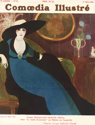 Dessin figurant une élégante dame arborant un large chapeau