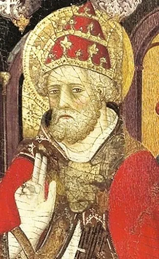 Peinture polychrome du pape en tenue d'apparat, tiare sur la tête, en train de bénir