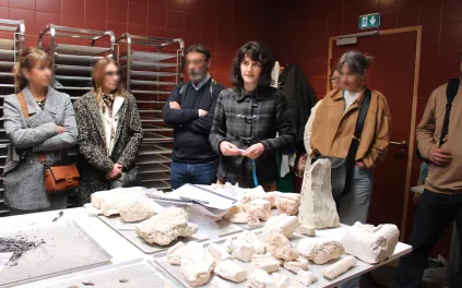Une médiatrice entourée de 6 visiteurs présente des objets archéaologiques, à l'arrière des colonnes de séchage métalliques
