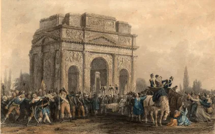 Illustration figurant une foule en colère autour de l'arc de triomphe d'Orange sous lequel est érigée une guillotine