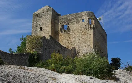 Ruine d'un château médiéval juché sur un bloc de pierre, dont il ne subsiste que les façades, un blason flotte au vent.