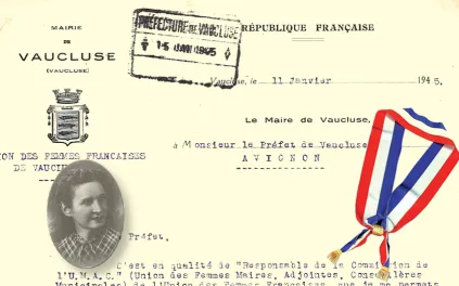 Document relatif aux élections de 1945 (AD Vaucluse 3 W 140) ; en incrustation un portrait d’Yvonne Garcin, "Nous étions tous des terroristes"/Jean Garcin (AD Vaucluse Biblio 2987), photomontage