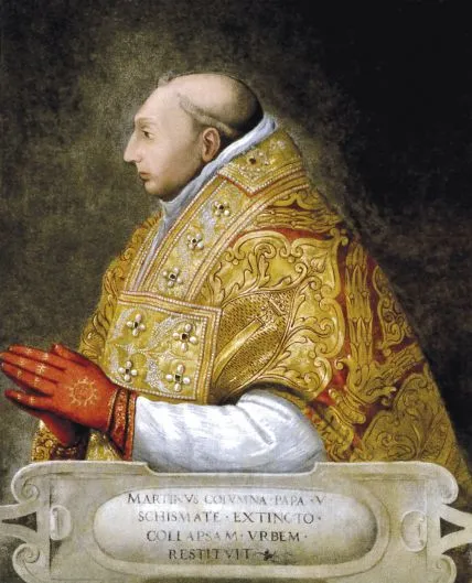 Peinture polychrome du pape en tenue d'apparat en train de prier