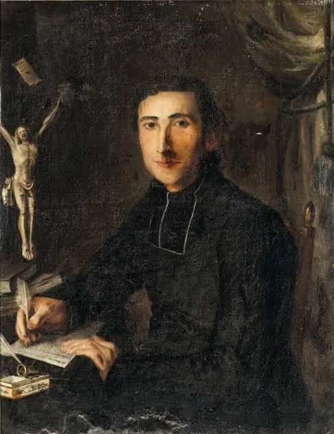 Peinture polychrome d'un homme en costume écclésiastique noir