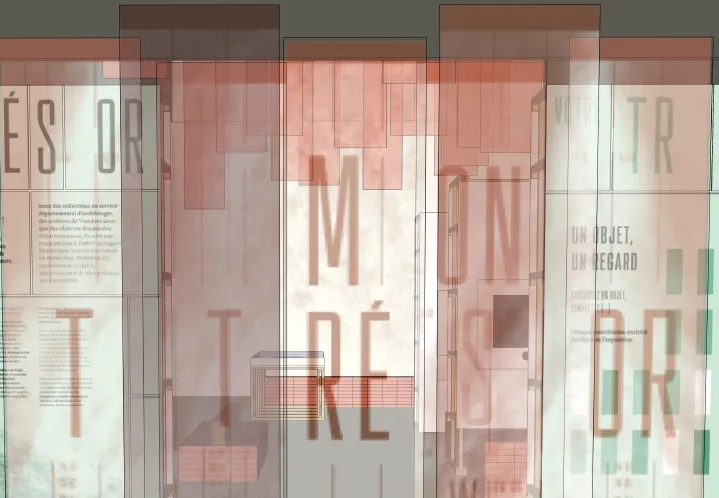 Visuel dans les tons beige et saumon sur lesquels figurent des lés qui composent le nom de l'exposition par lettre à lettre ou par syllable.