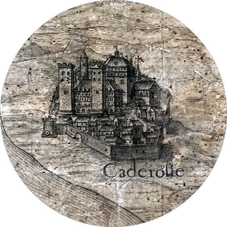 Image ronde monochrome sur le village fortifié de Caderousse