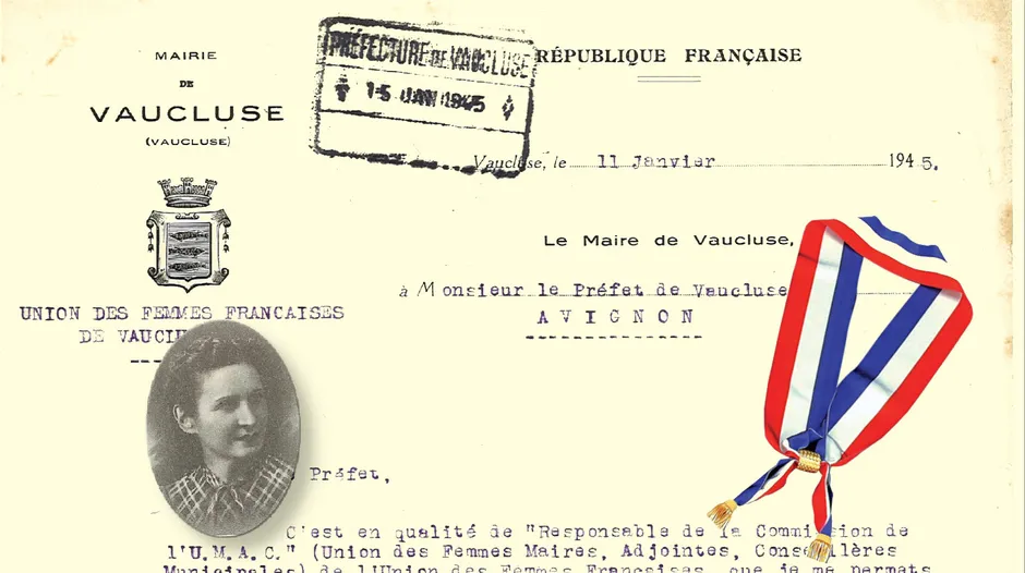 Document relatif aux élections de 1945 (AD Vaucluse 3 W 140) ; en incrustation un portrait d’Yvonne Garcin, "Nous étions tous des terroristes"/Jean Garcin (AD Vaucluse Biblio 2987), photomontage
