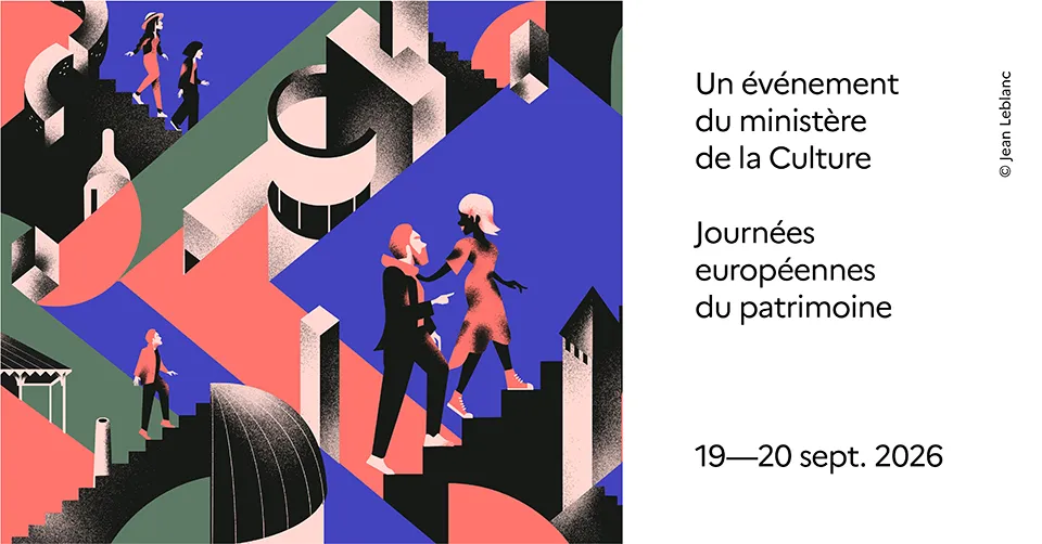 Visuel des Journées européennes du patrimoine 2026 polychrome (bleu roi, saumon, vert kaki et noir) ; de manière stylisé, il figure des édifices patrimoniaux et des visiteurs